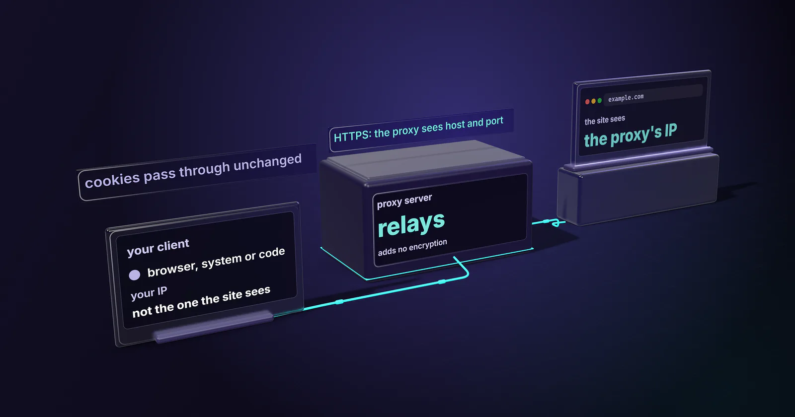 Your client panel sends browser, system or code traffic to a proxy server that relays it and adds no encryption; the site sees the proxy's IP, not yours; glass tags read cookies pass through unchanged and HTTPS: the proxy sees host and port